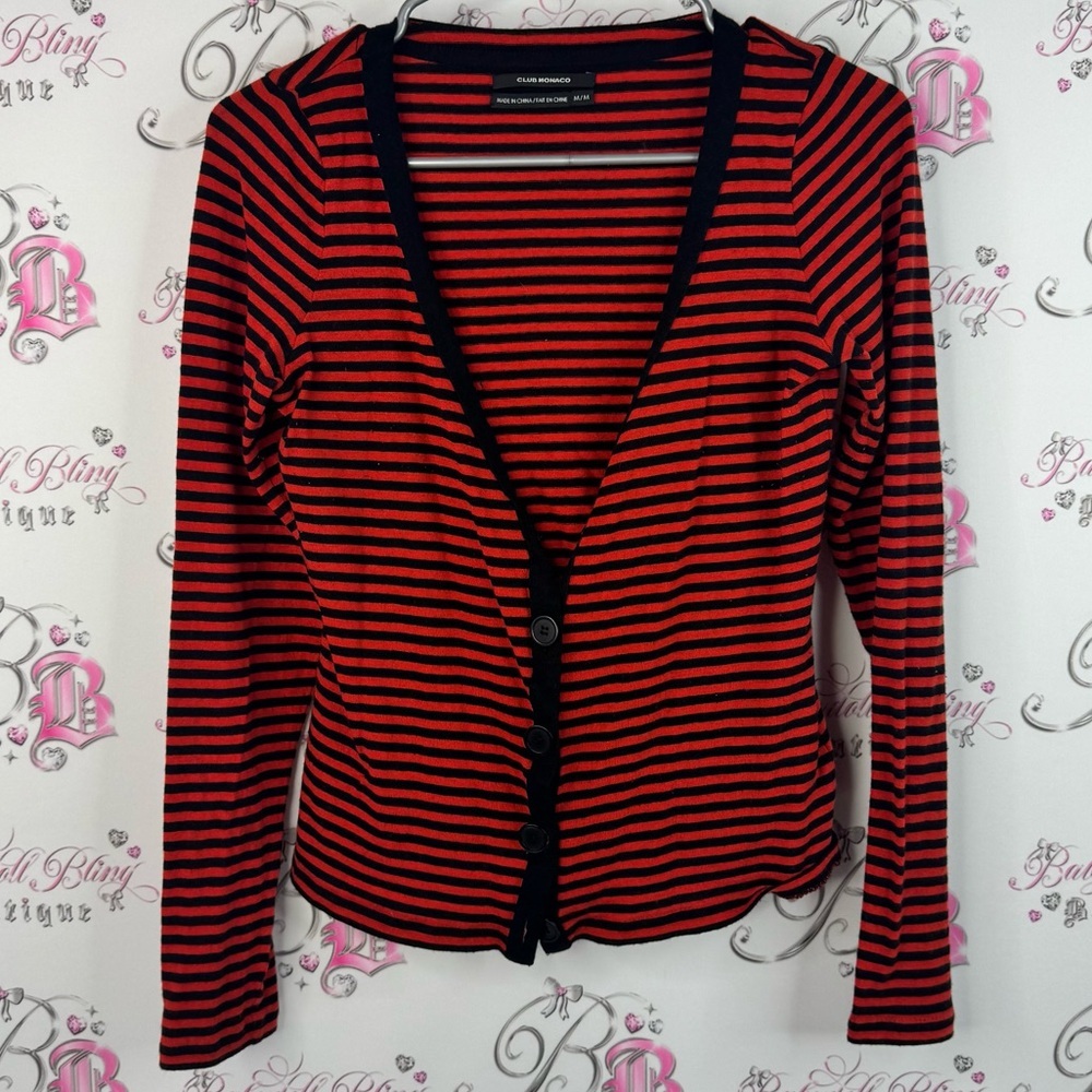 Club Monaco cardigan button up stripes wool cashmere Black  Red Striped Sweater